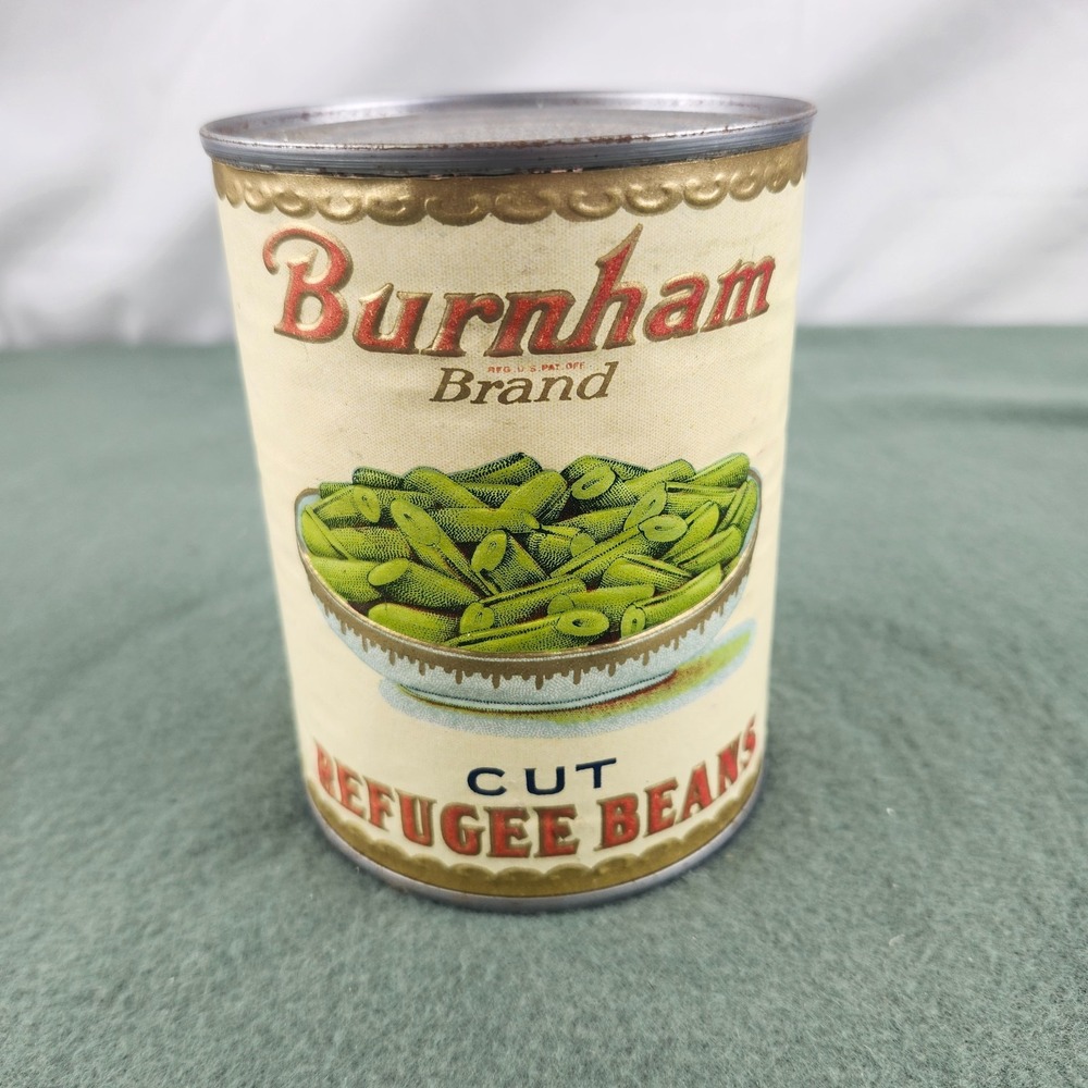 Vintage Burnham Brand Cut Refugee Beans Tin Can Authentic Antique Label Newark